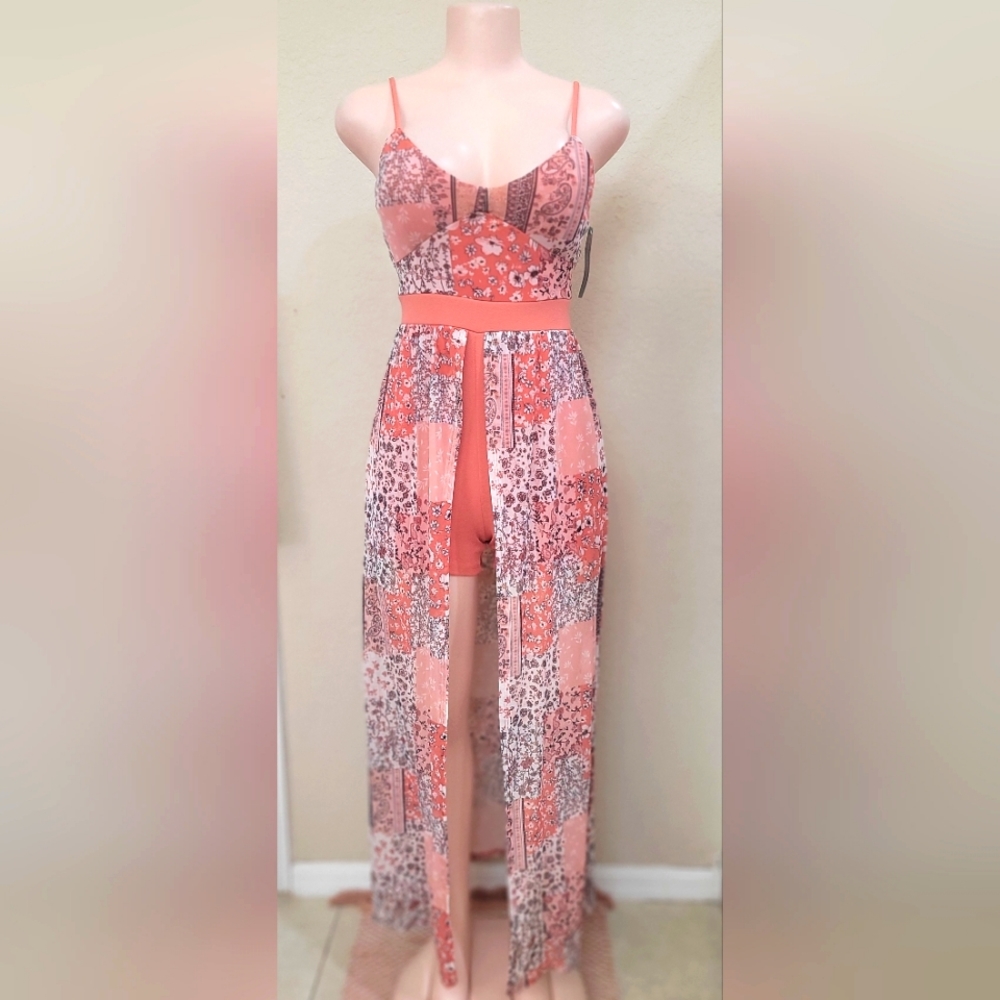 XL - Coral Blossoms maxi/romper dress